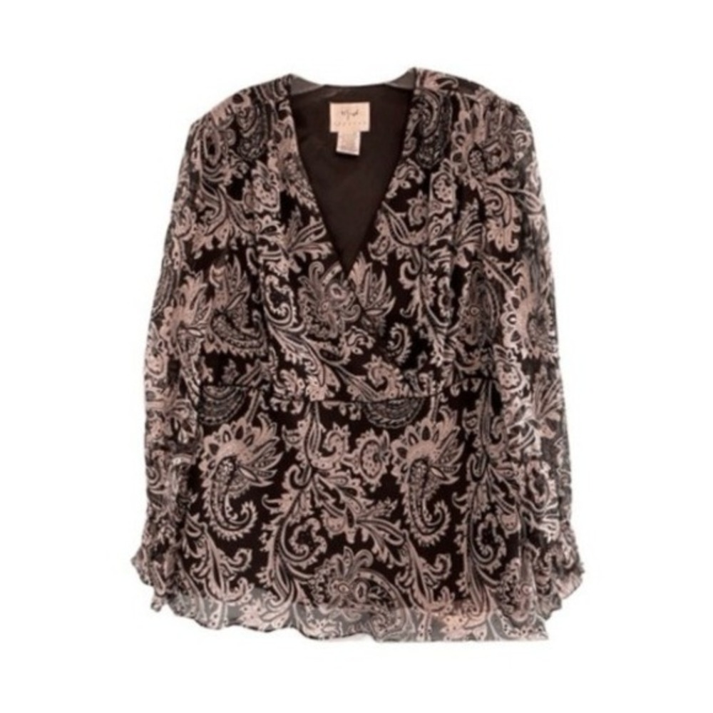 Vision Apparel Silk Beaded Blouse Black White‎ Paisley Print Ruffle V-Neck 2X